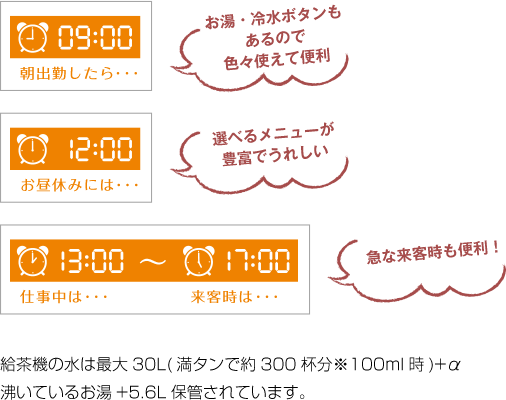 お湯も冷水もあるので色々使えて便利/選べるメニューが豊富でうれしい/急な来客時も便利|給茶機レンタル・コーヒー・お茶の【ほっとカフェファクトリー】